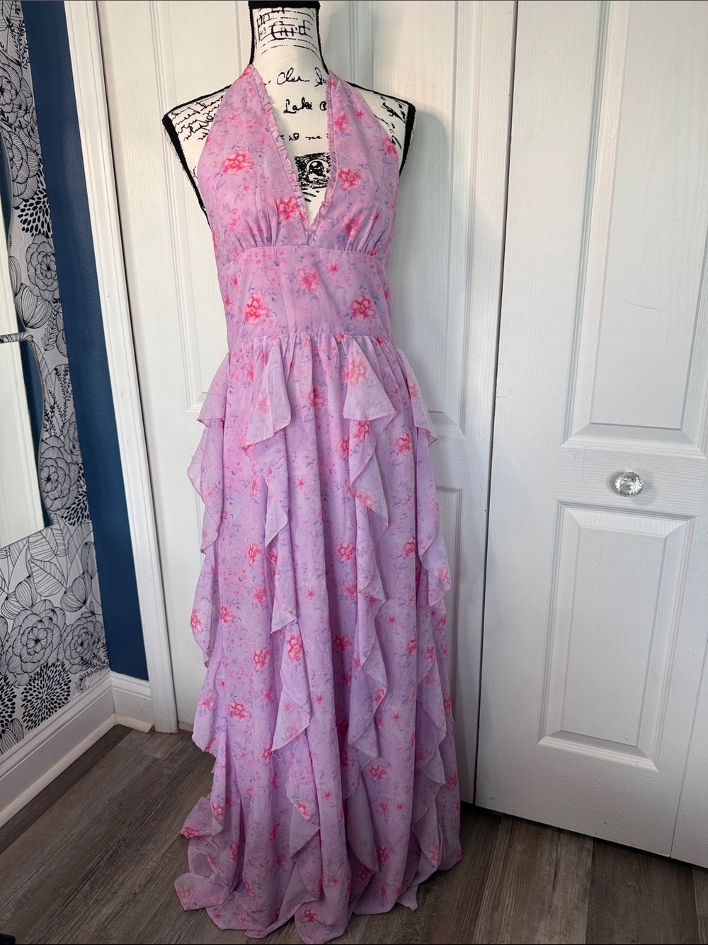 Altar'd State Lavender Pink Floral Halter Maxi Dress